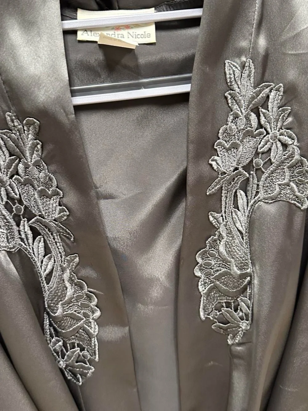 Silky grey lace floral robe.